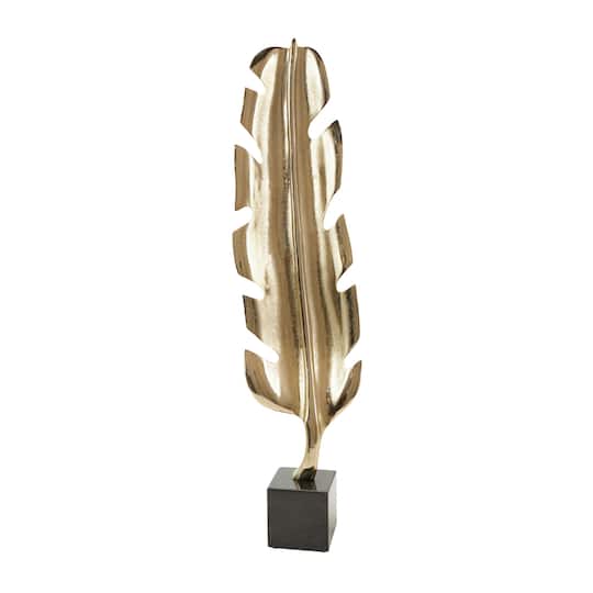 33" Gold Aluminum Bird Feather Sculpture with Black Marble Base